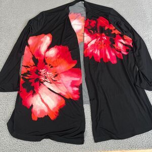 Susan Graver Cardigan Sweater Women 3X Red Black Open Front Floral Plus Size